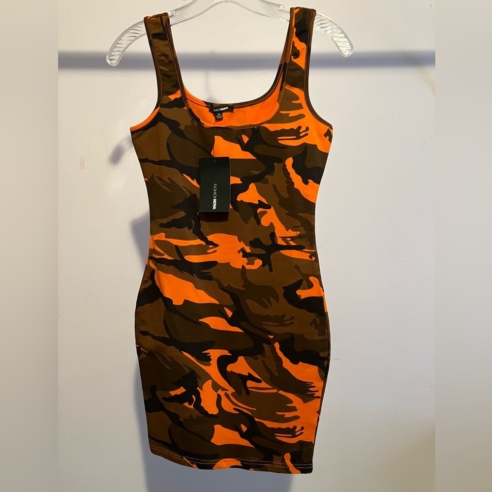 Women’s Contoured Mini Camo Dress, Orange/Brown, XS, Mini, Fashion Nova, NWT
